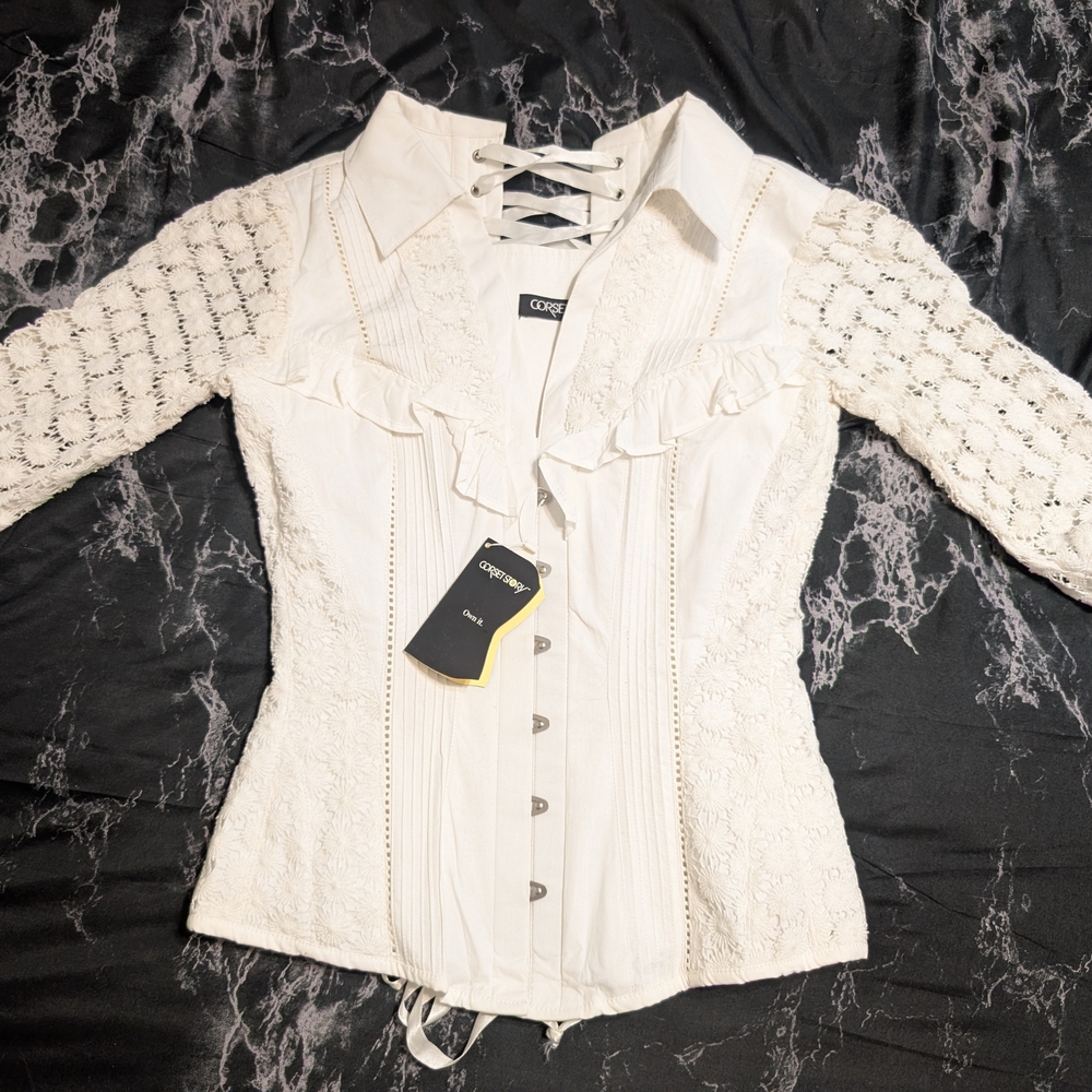 White Lace-Up Ruffled Women's Top